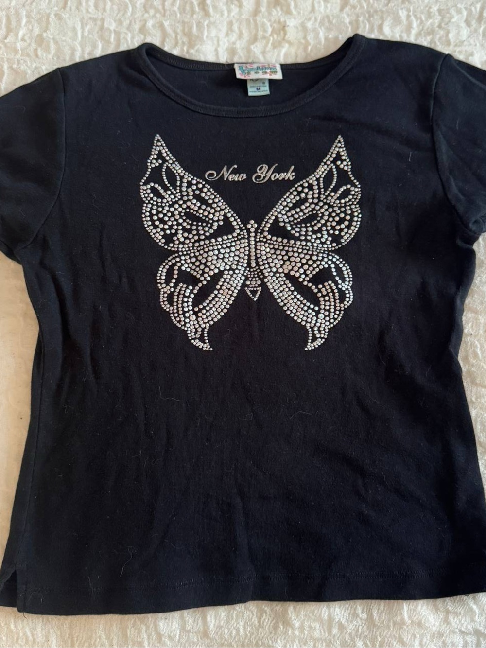 Girls Black Short-Sleeve Tee with Rhinestone Butterfly